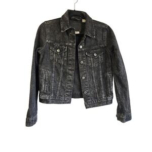 Levis Premium Womens Black Acid Wash Speckled Denim Trucker Jacket Size S Small